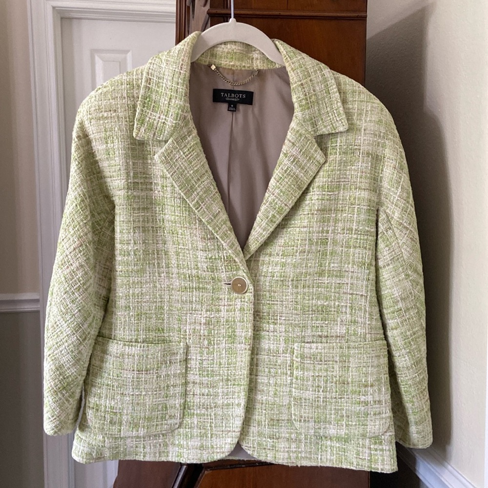 Talbots Light Green White Taupe Nubby Tweed Single Button Blazer Jacket
